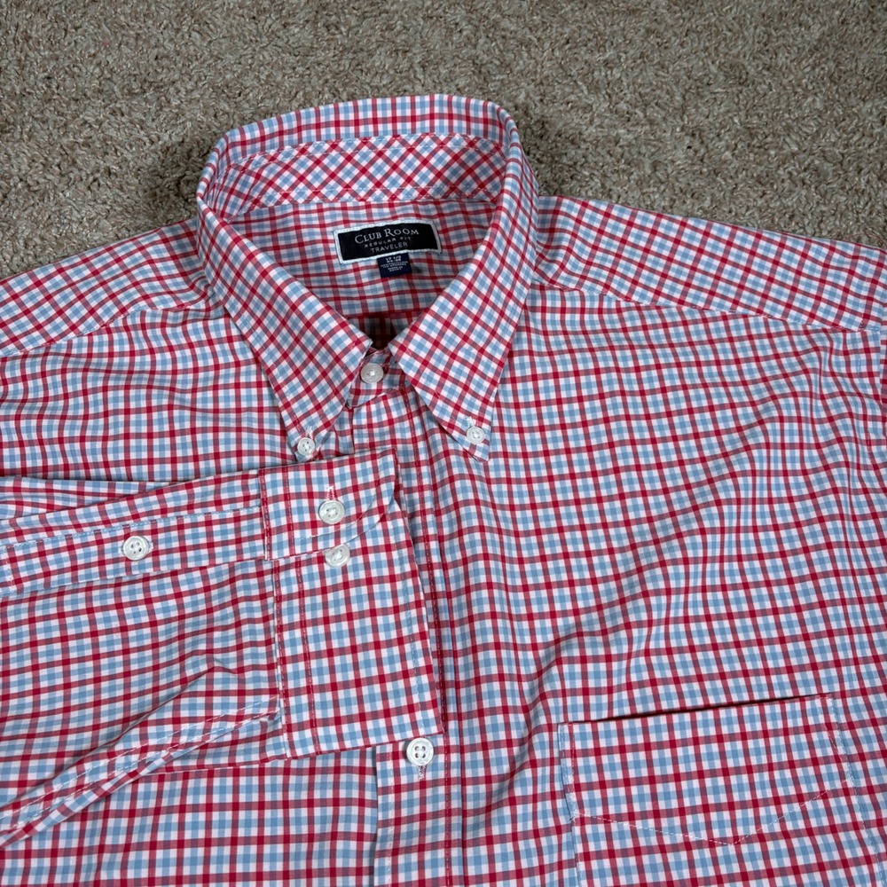 Club Room Traveler Red Blue Gingham Plaid Button Down Shirt Men 17 1/2 34 35